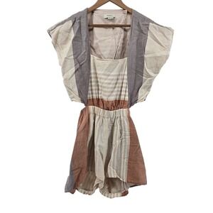 Elevenses Anthropologie Linen Blend Romper Medium Striped Cutout Waist Neutral